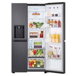 LG 641L Black Side by Side Fridge - Non-Plumbed Ice/Water Dispenser GSN599MBL, Front Right Side Door Open View Storages