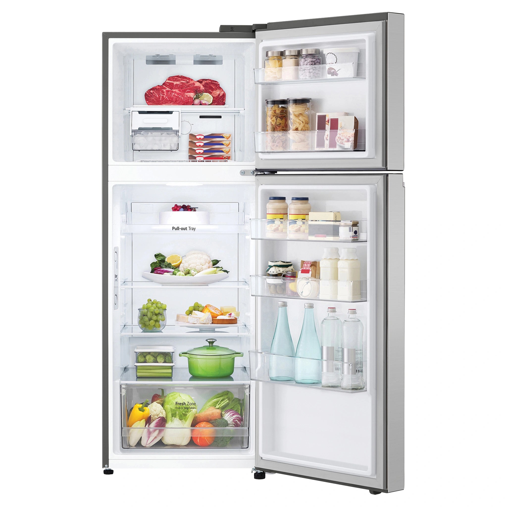 LG 315L Top Mount Fridge Stainless Finish GT3S, Front View With Door Open Storages
