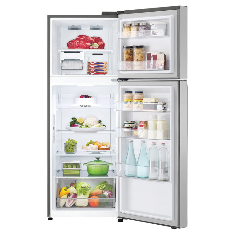 LG 315L Top Mount Fridge Stainless Finish GT3S, Front View With Door Open Storages