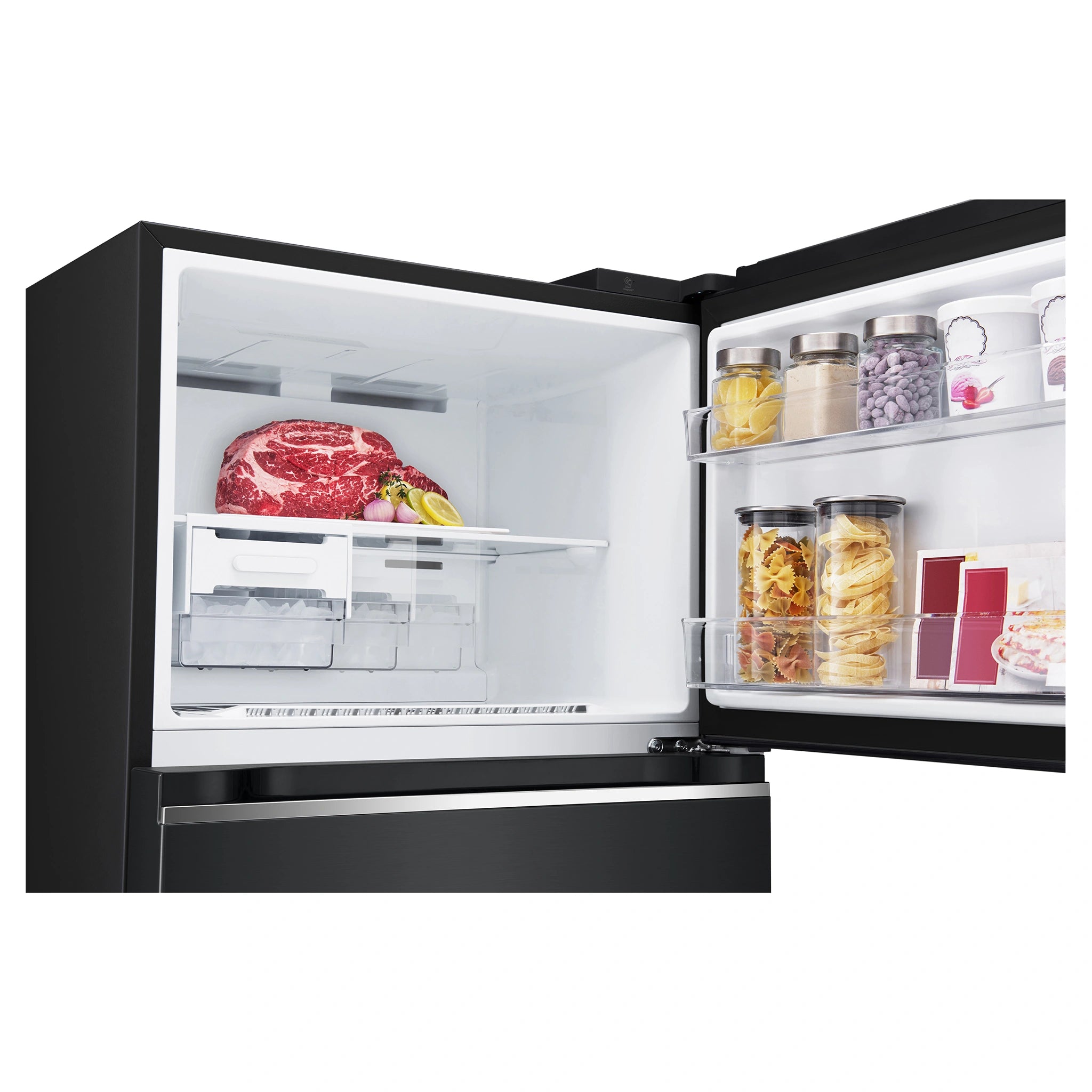 LG 375 L Top Mount Refrigerator GT5MB, Freezer Door Open View With Storages