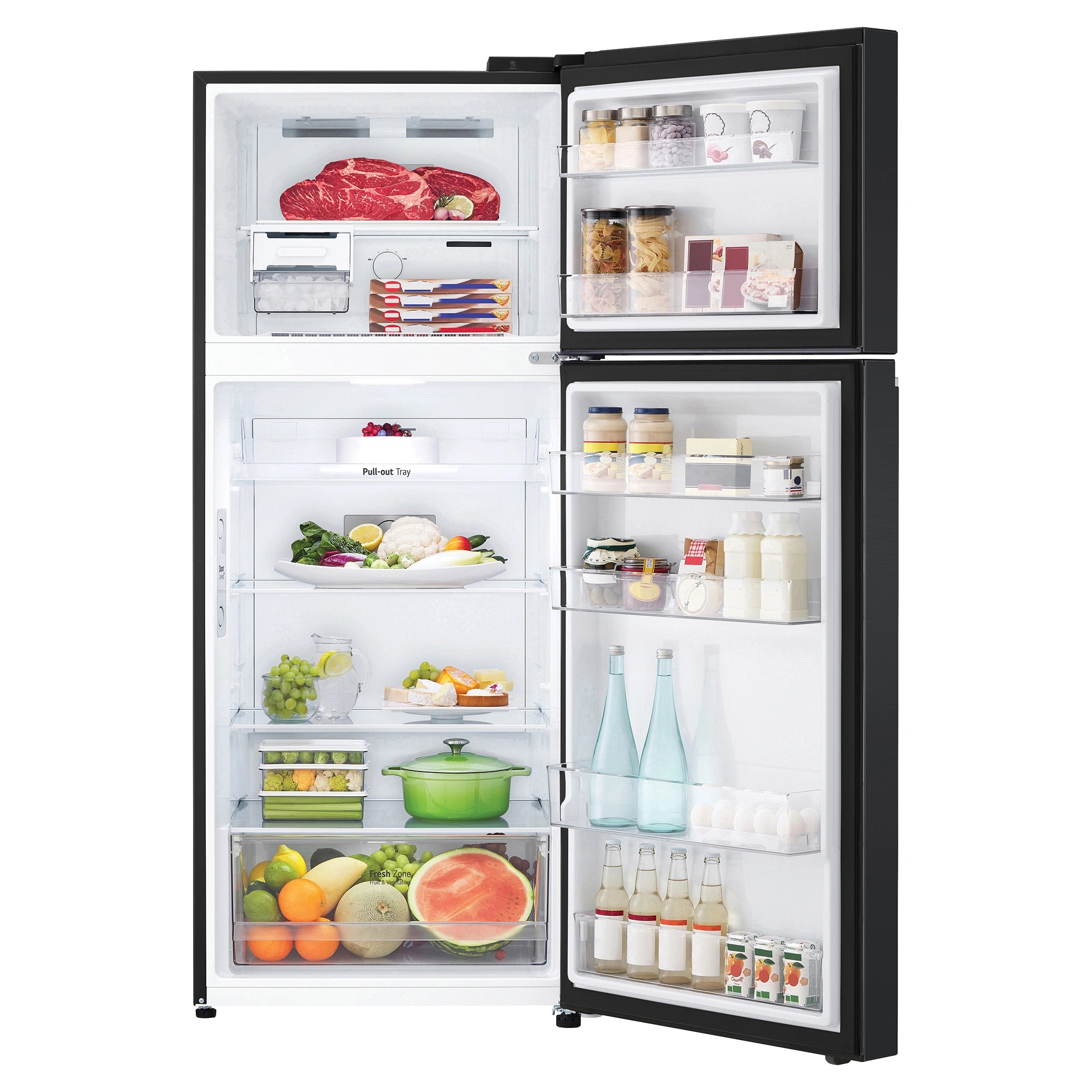 LG 375 L Top Mount Refrigerator GT5MB, Front View With Door Open View With Storages