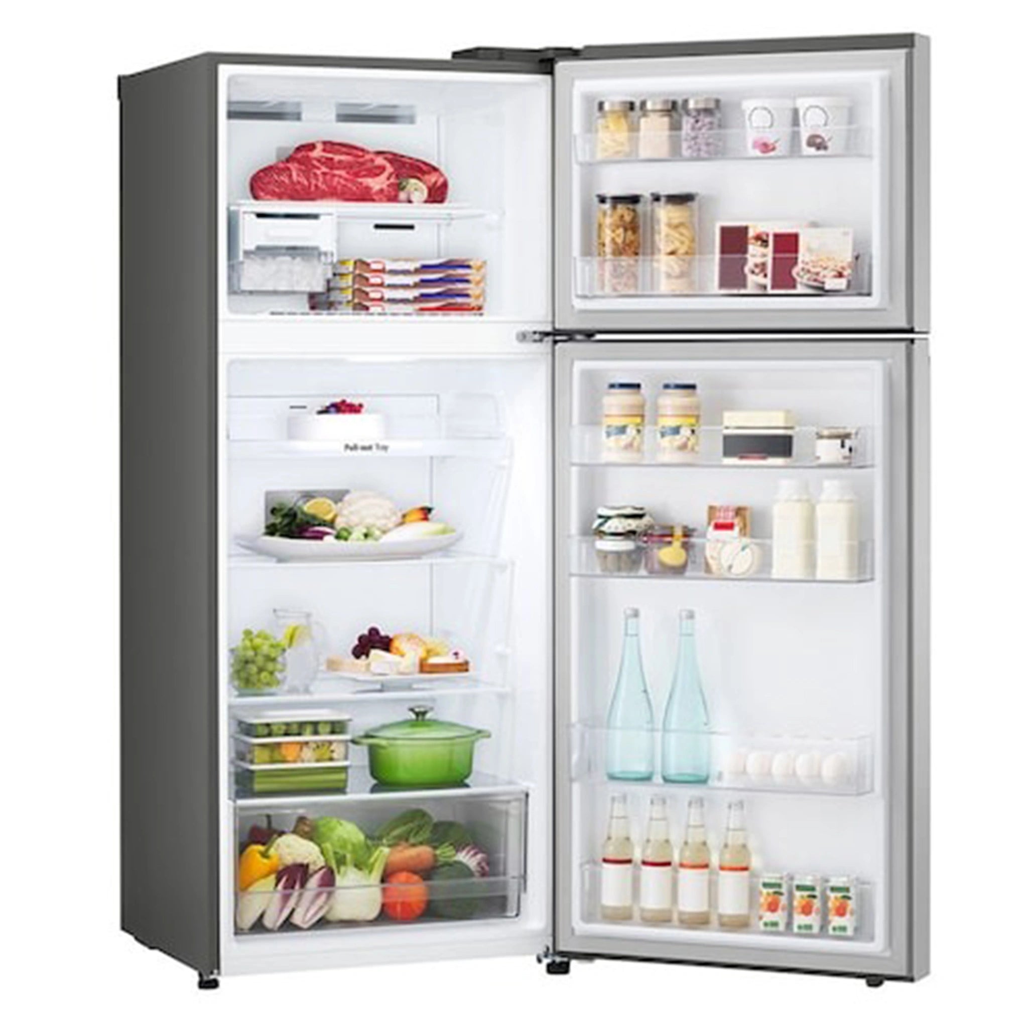 LG 375 L Top Mount Refrigerator GT5S, Right Side View With Door Open View With Storages