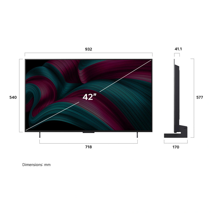LG 42 Inch OLED Evo C5 4K Smart TV with AI Magic OLED42C5PSA, Dimensions View