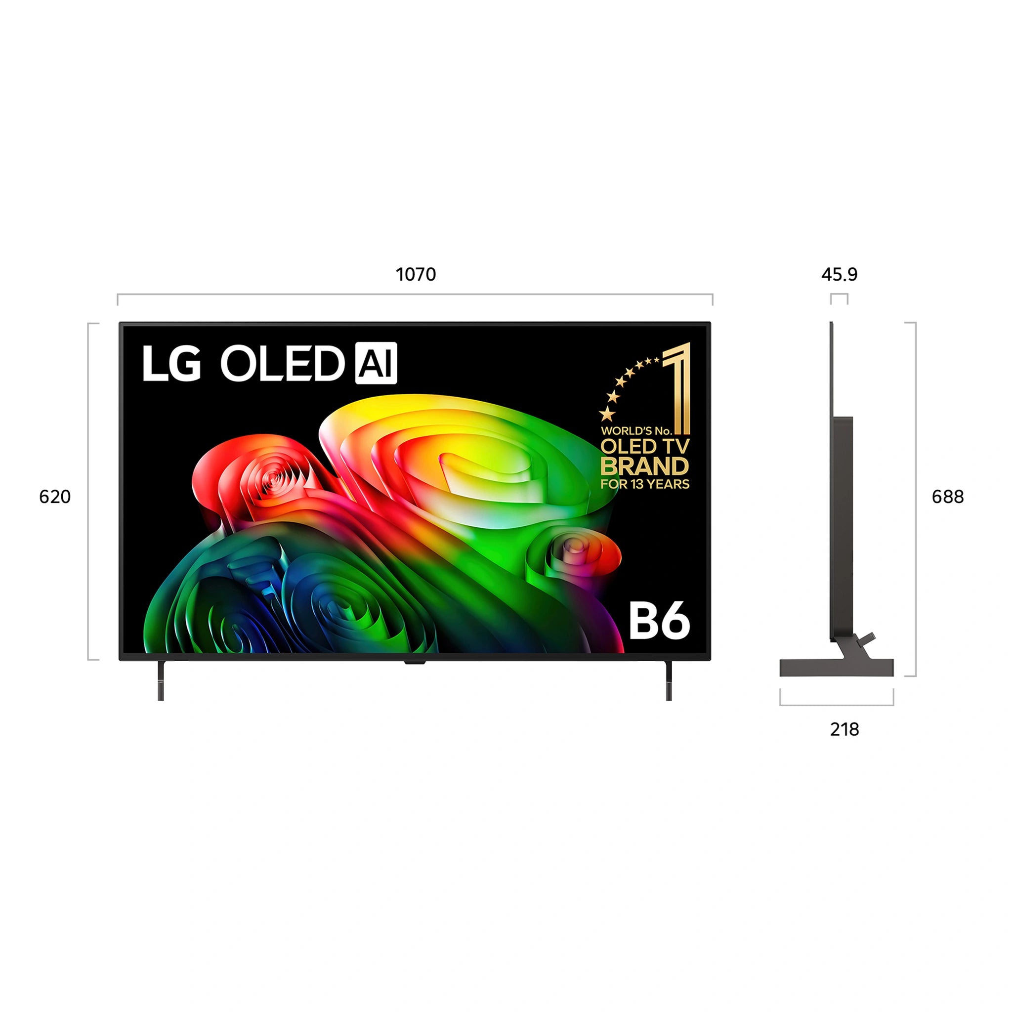 LG 48 Inch OLED AI 4K Smart TV 2026 OLED48B6PSA, Dimensions View