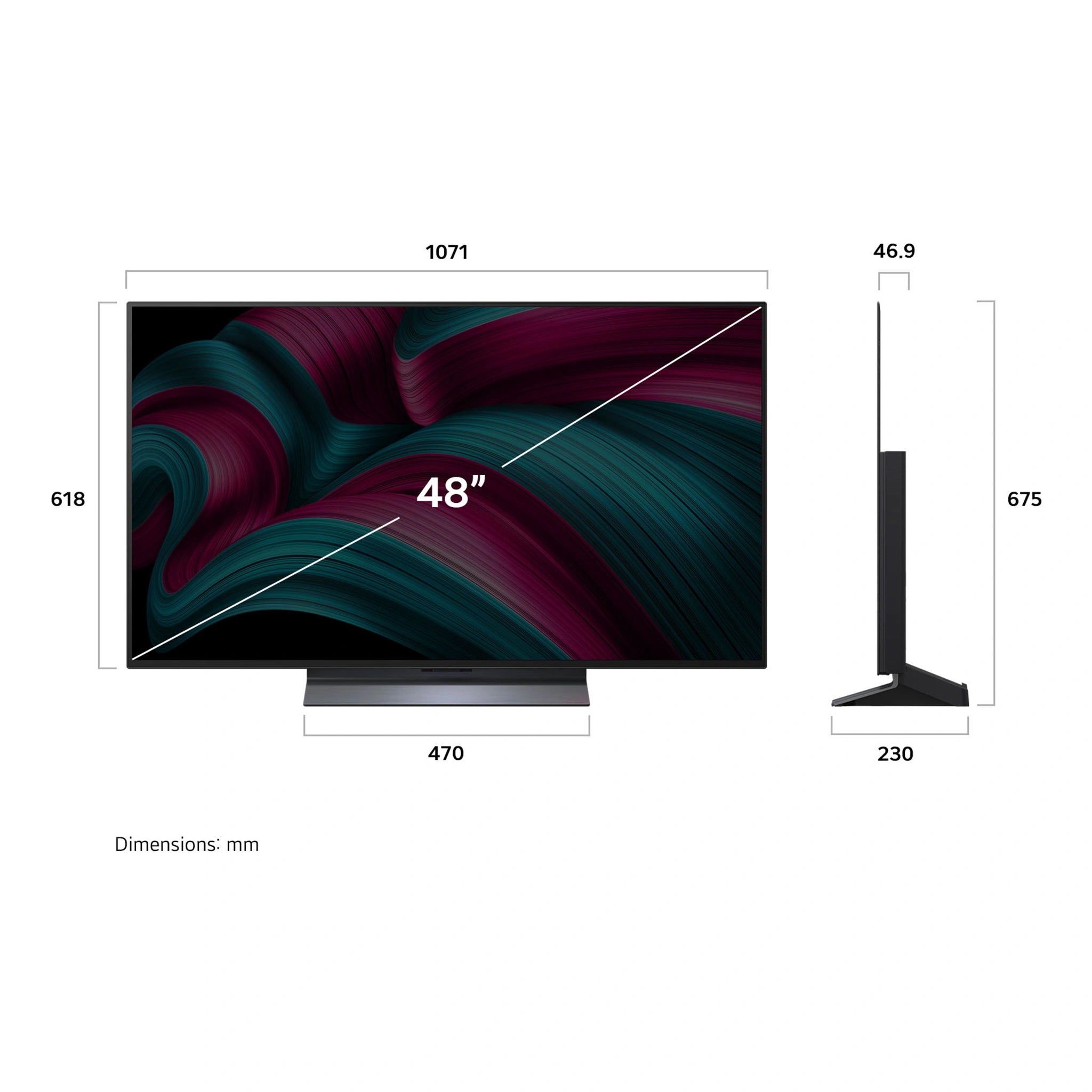 LG 48 Inch C5 OLED evo 4K Smart TV OLED48C5PSA, Dimensions View