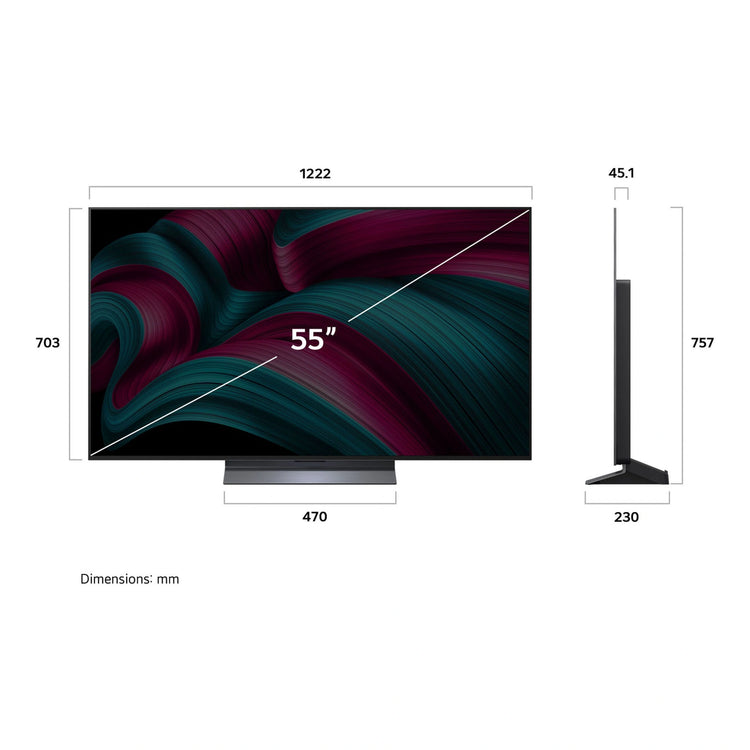 LG 55 Inch OLED Evo C5 4K Smart TV OLED55C5PSA, Dimensions View
