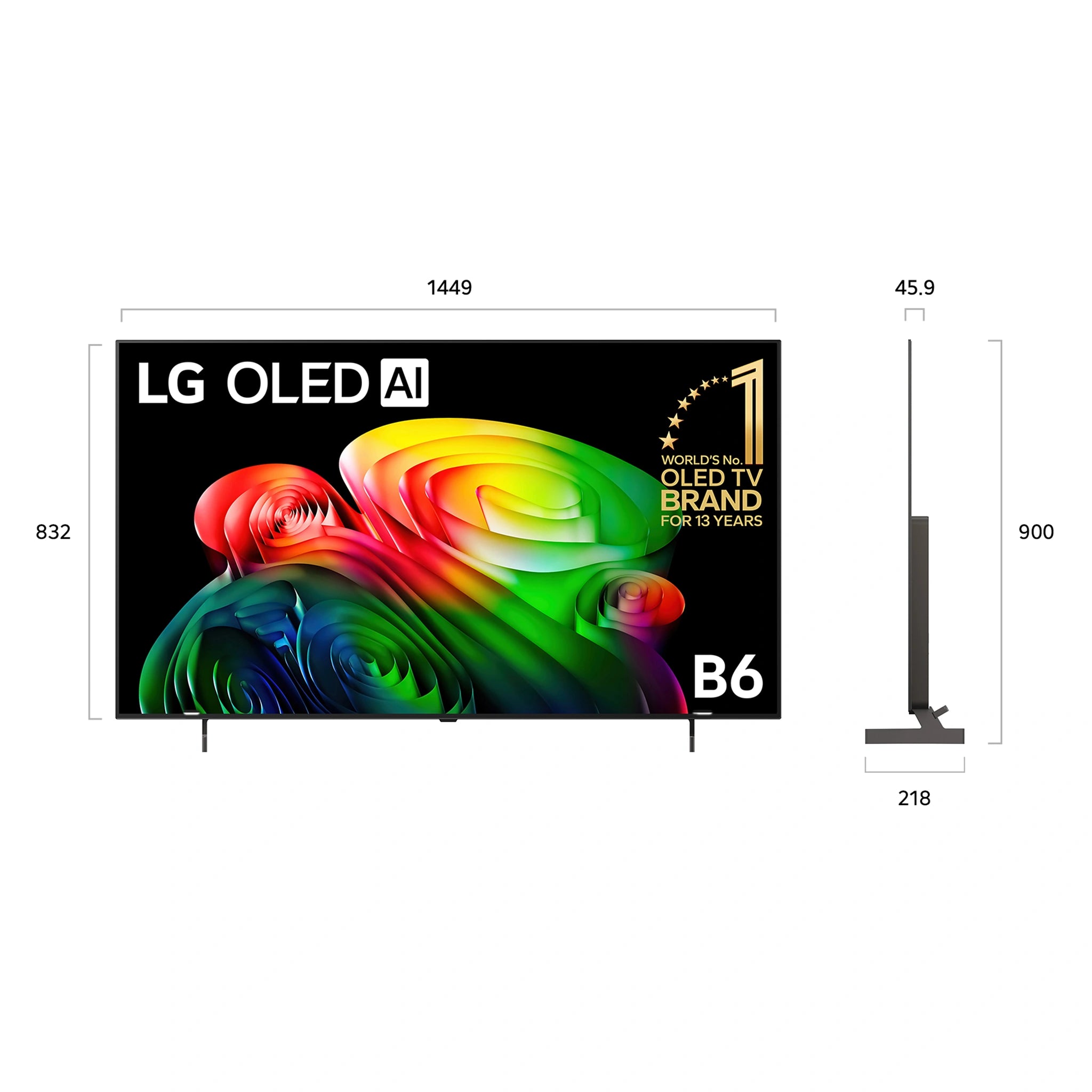 LG 65 Inch OLED AI 4K Smart TV 2026 OLED65B6PSA, Dimensions View