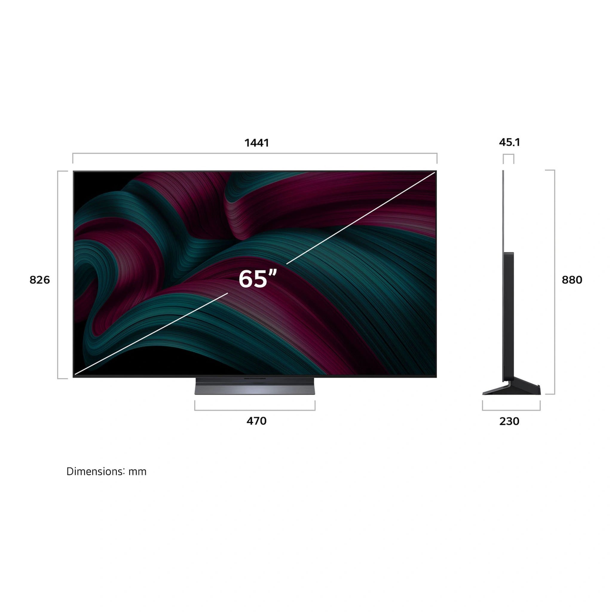 LG 65 Inch C5 Series OLED Evo AI 4K Smart TV OLED65C5PSA, Dimensions View
