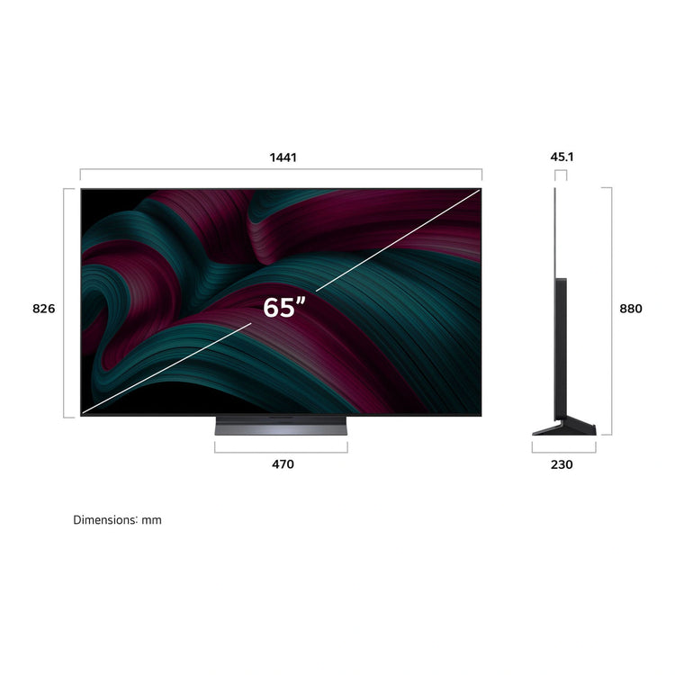 LG 65 Inch C5 Series OLED Evo AI 4K Smart TV OLED65C5PSA, Dimensions View