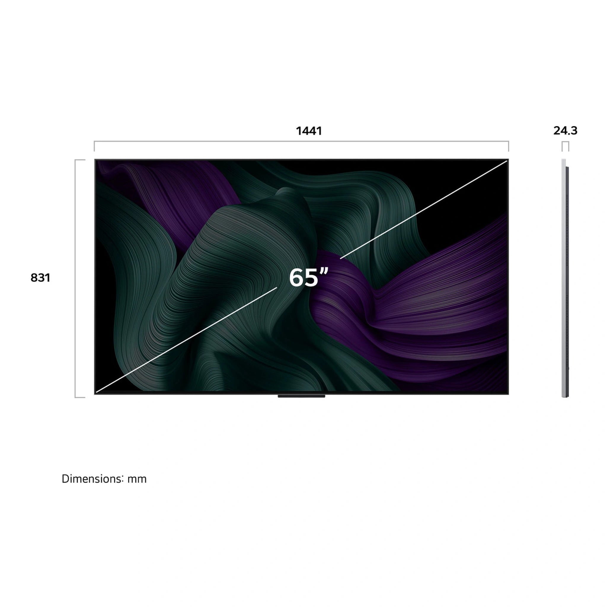 LG 65 Inch OLED Evo AI 4K Smart TV OLED65M5PSA, Dimensions View