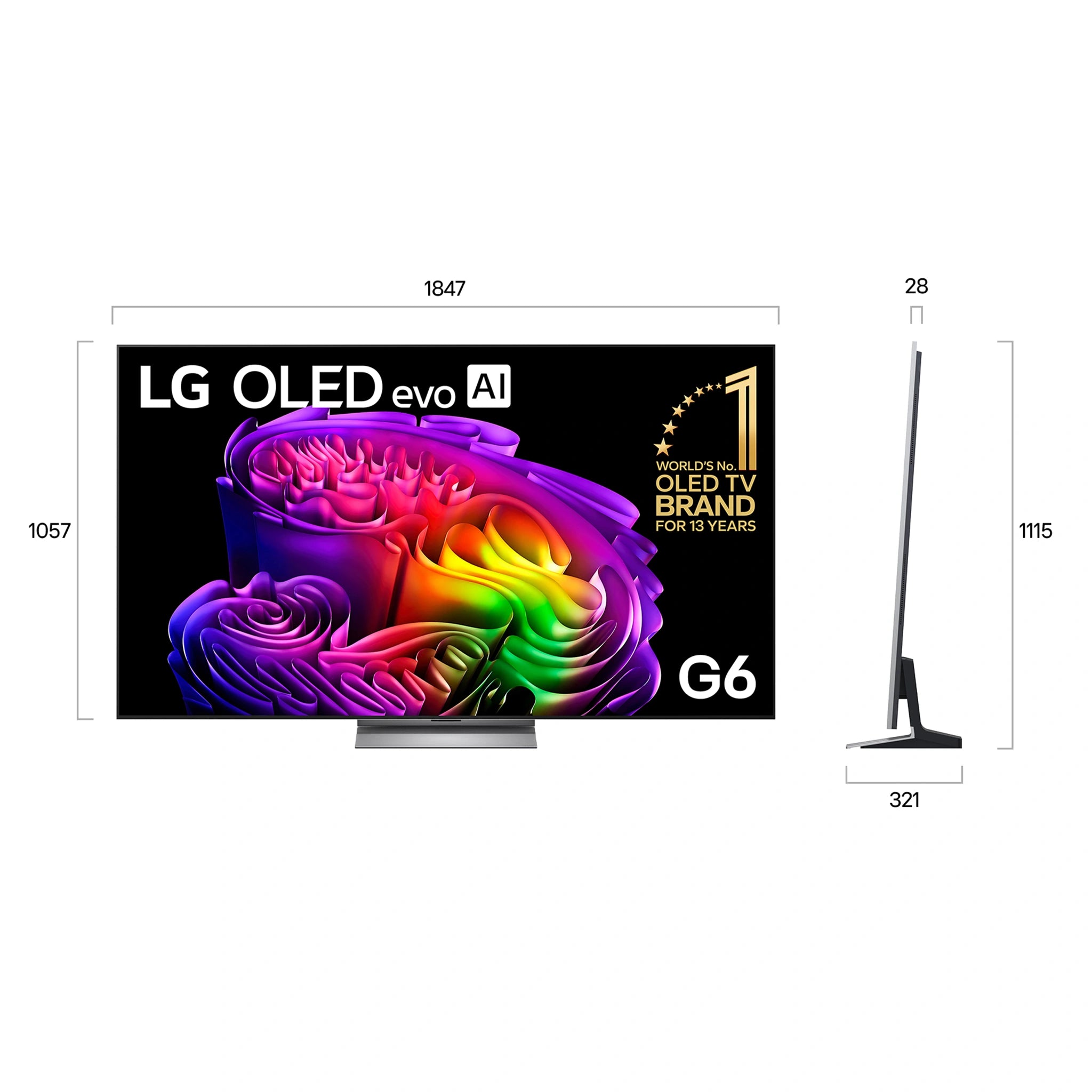 LG 83 Inch OLED evo AI G6 4K Smart TV 2026 OLED83G6PSB, Dimesions View
