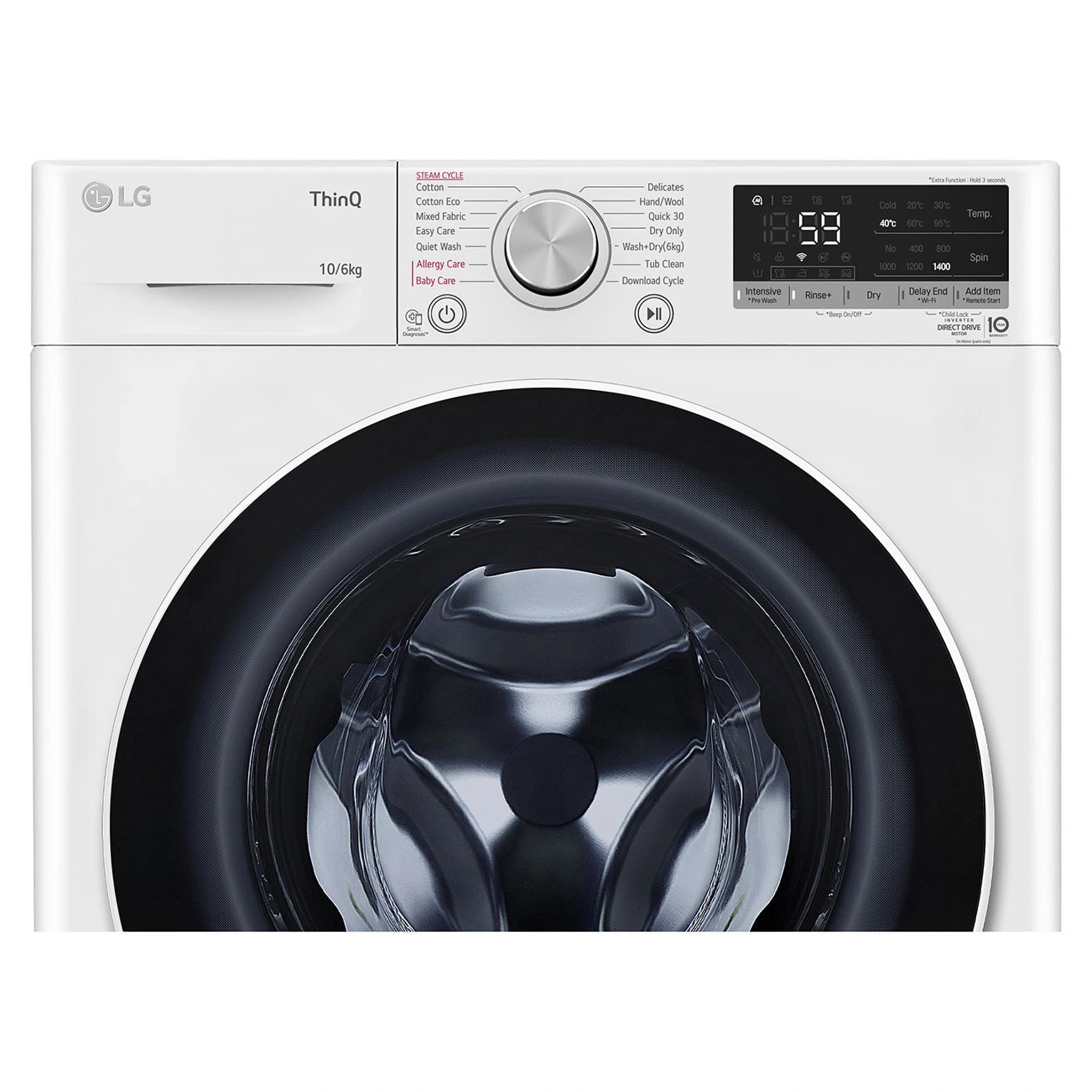 LG 10kg/6kg Washer Dryer Combo with AI DD & Steam Care WVC51410W, Control Panel View