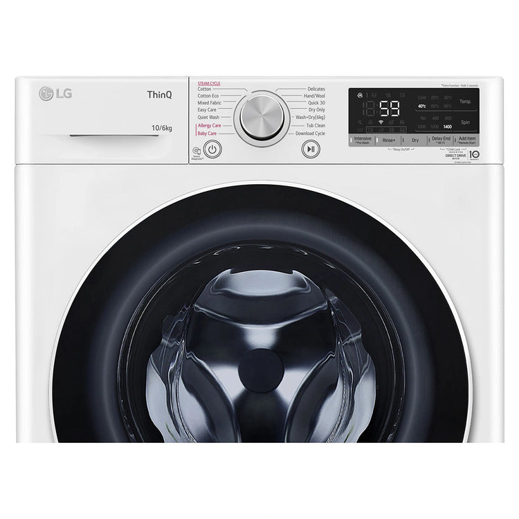 LG 10kg/6kg Washer Dryer Combo with AI DD & Steam Care WVC51410W, Control Panel View