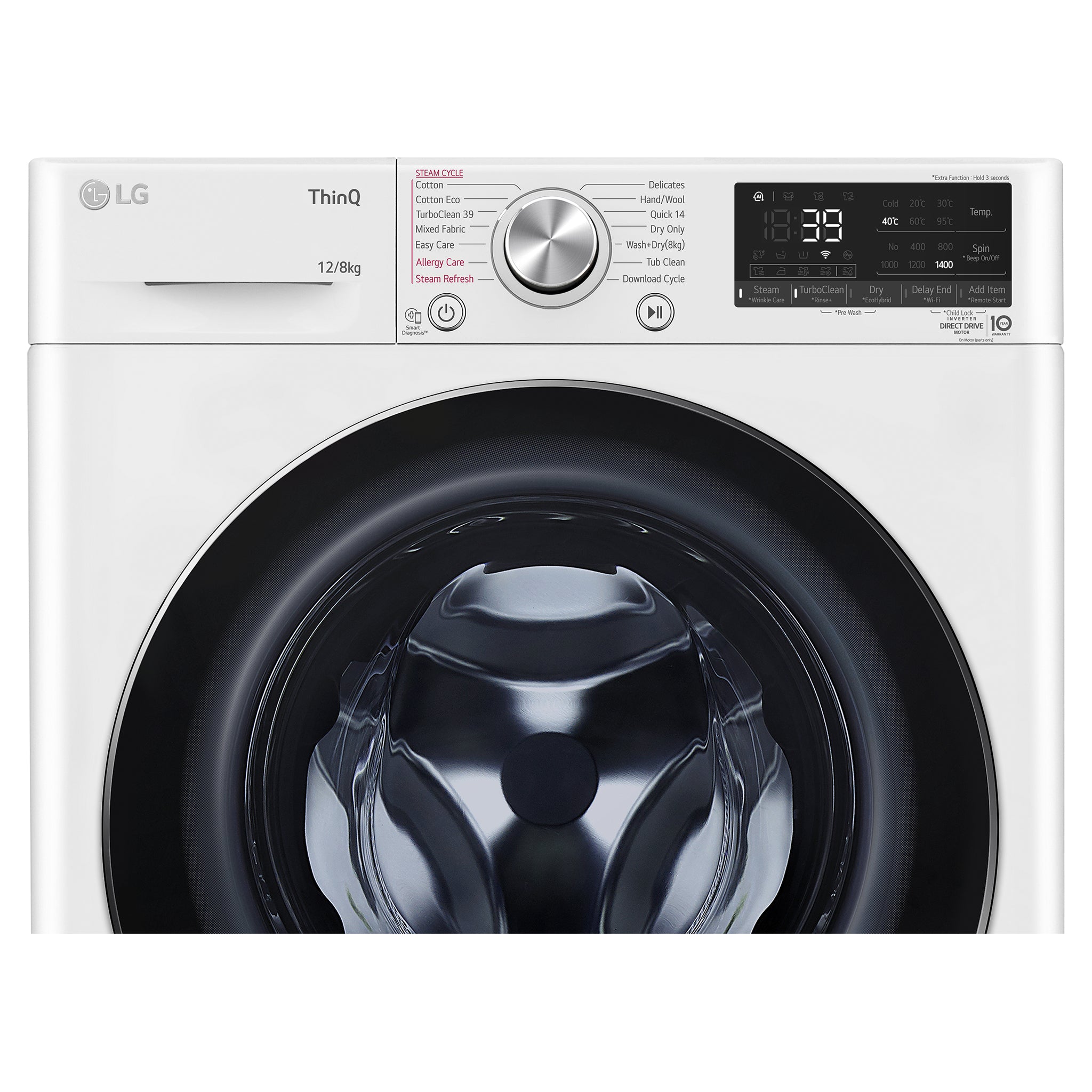 LG 12kg/8kg Series 9 Front Load Washer Dryer Combo with Steam, Control Panel View