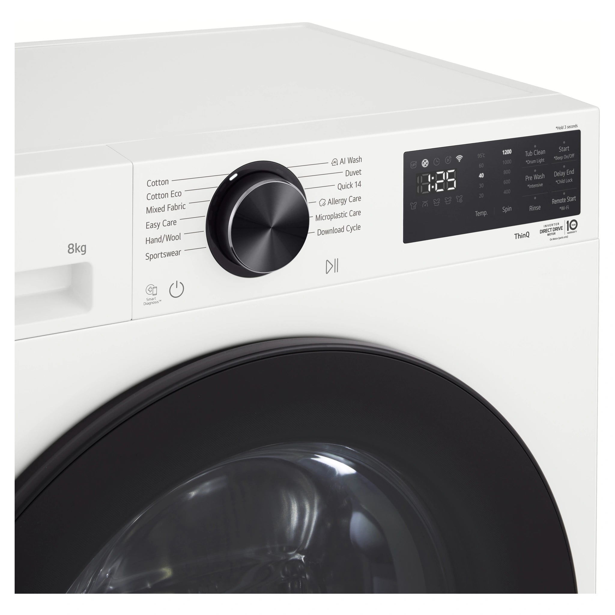 LG 8kg Series 3 Slim Front Load Washer with AI Wash WX31208W, Control Panel View