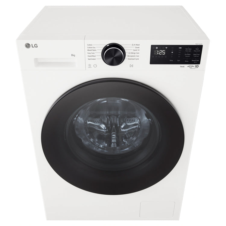 LG 8kg Series 3 Slim Front Load Washer with AI Wash WX31208W, Front Top View