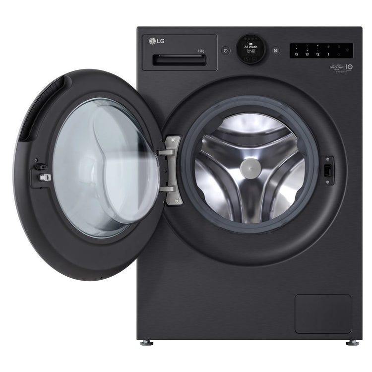 LG 12kg Series 9 Matte Black Front Load Washer WX91412MB, Front View with Door Open