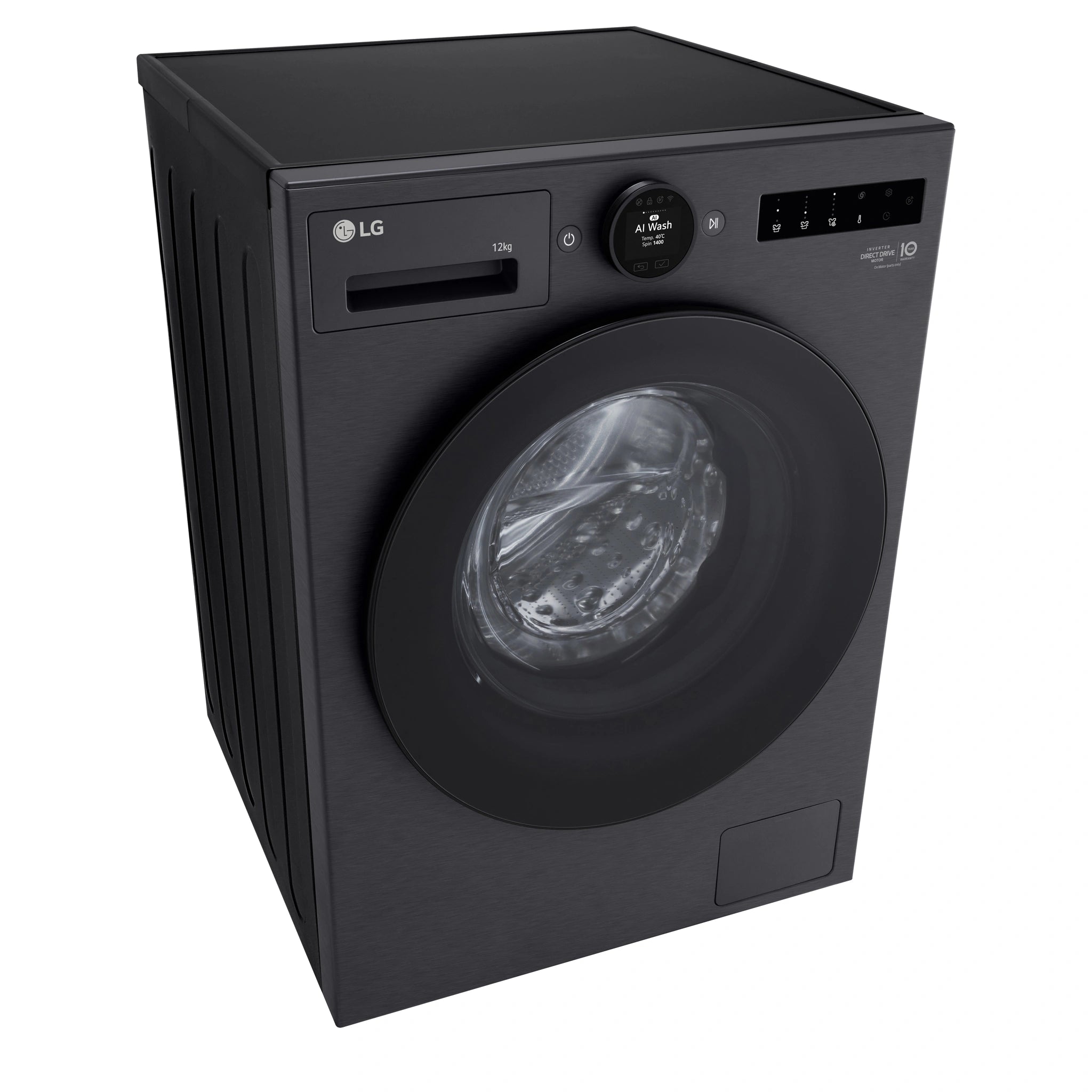 LG 12kg Series 9 Matte Black Front Load Washer WX91412MB, Left Side Top View