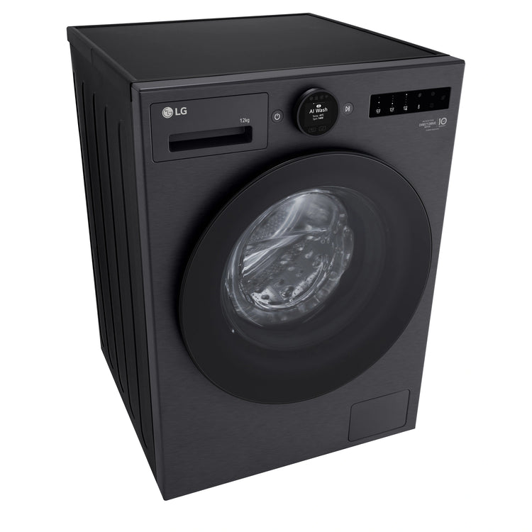 LG 12kg Series 9 Matte Black Front Load Washer WX91412MB, Left Side Top View