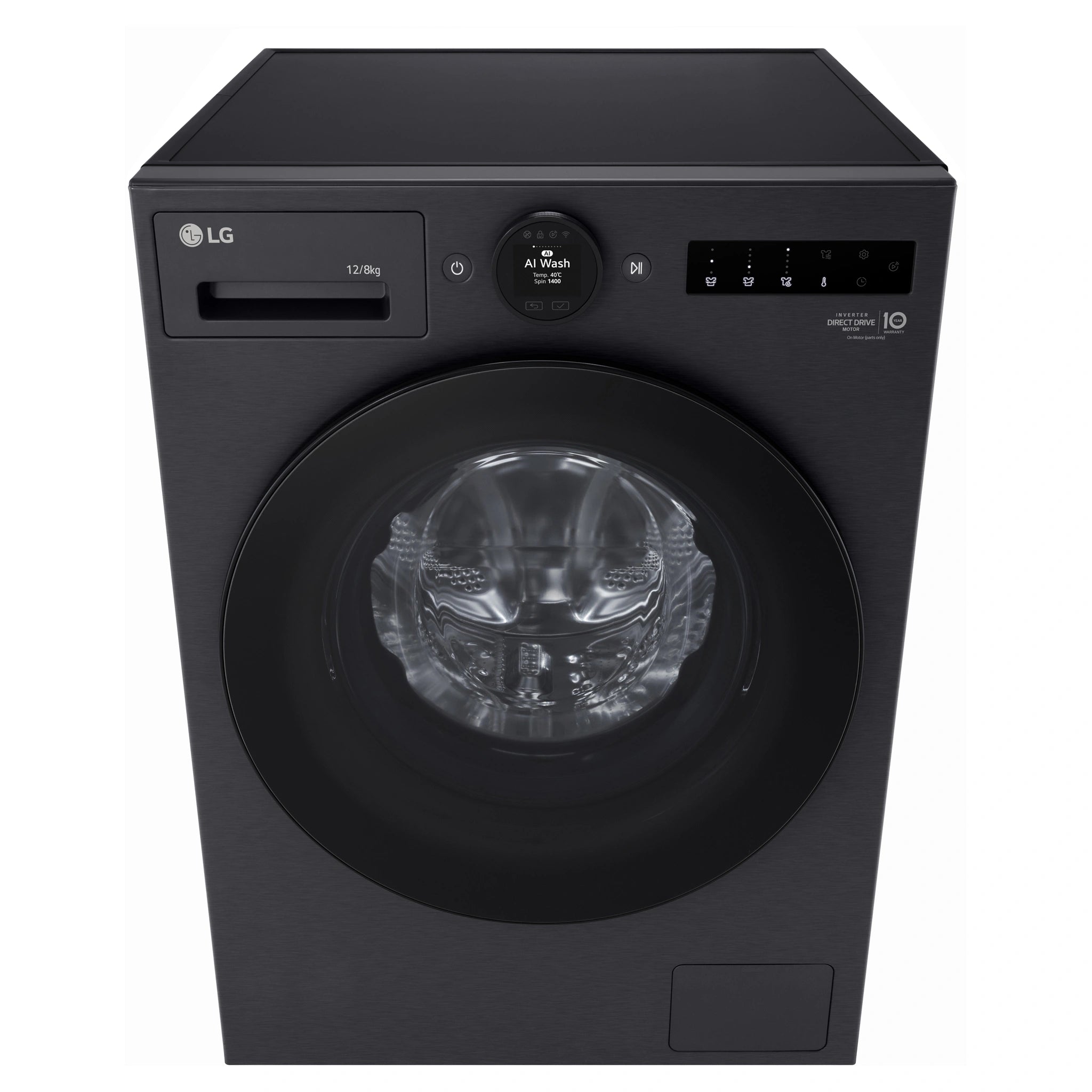 LG 12/8kg Series 10 Matte Black Washer Dryer Combo WXC101412MB, Front Top View