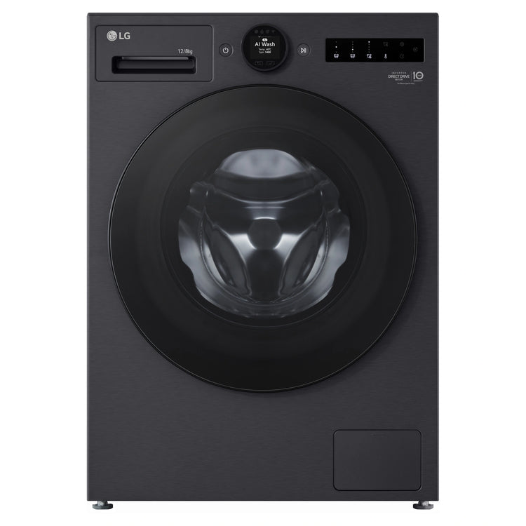 LG 12/8kg Series 10 Matte Black Washer Dryer Combo WXC101412MB, Front View