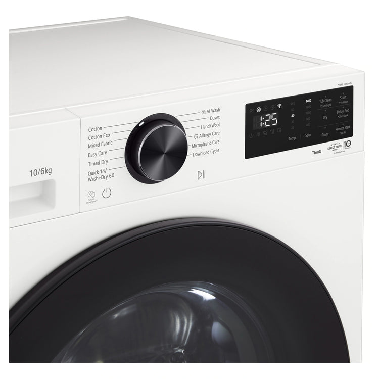 LG 10/6kg 3 Series White AI Front Load Washer Dryer WXC31410W, Control Panel View
