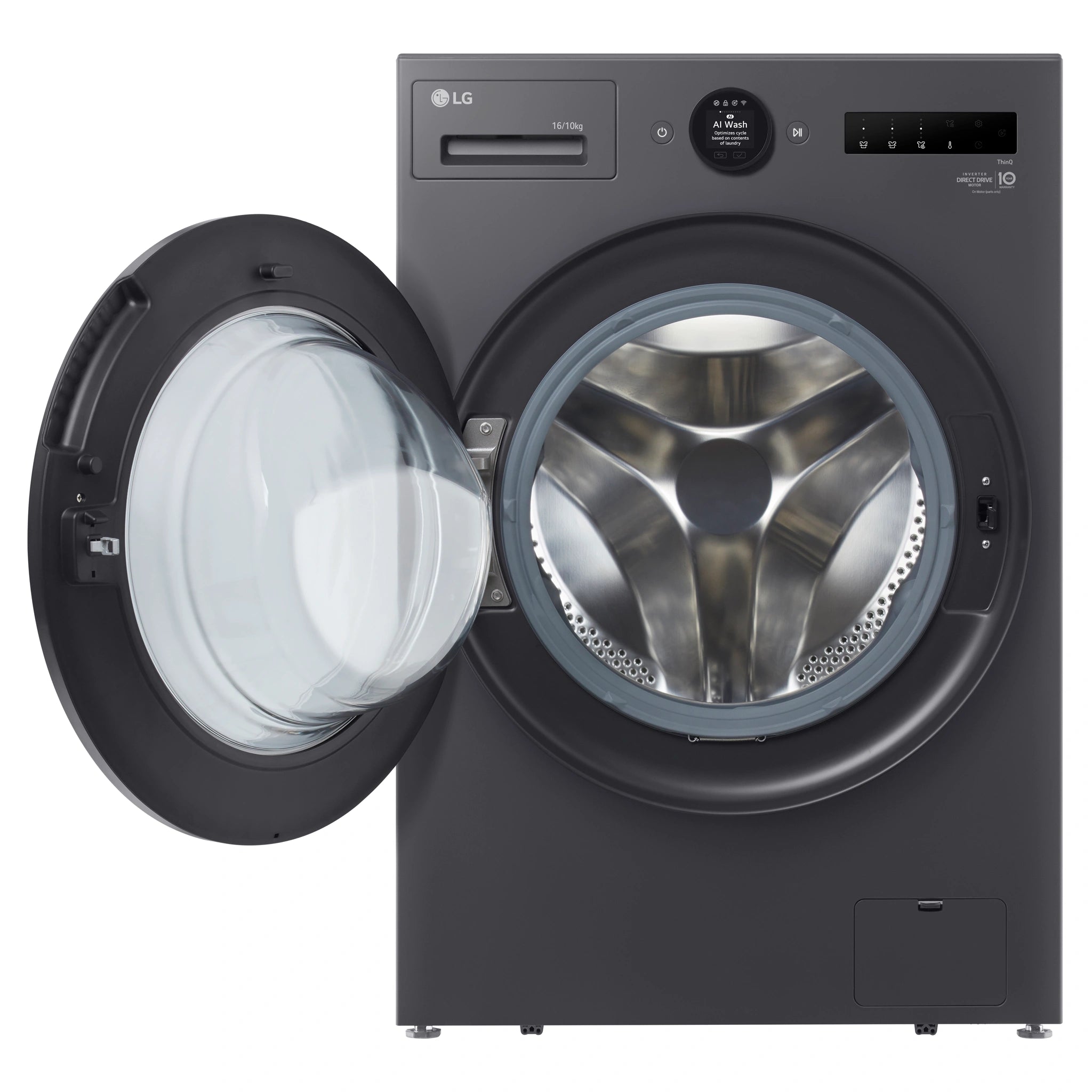 LG 16kg/10kg Graphite Front Load Washing Machine WXLC1016GX, Front View with Door Open