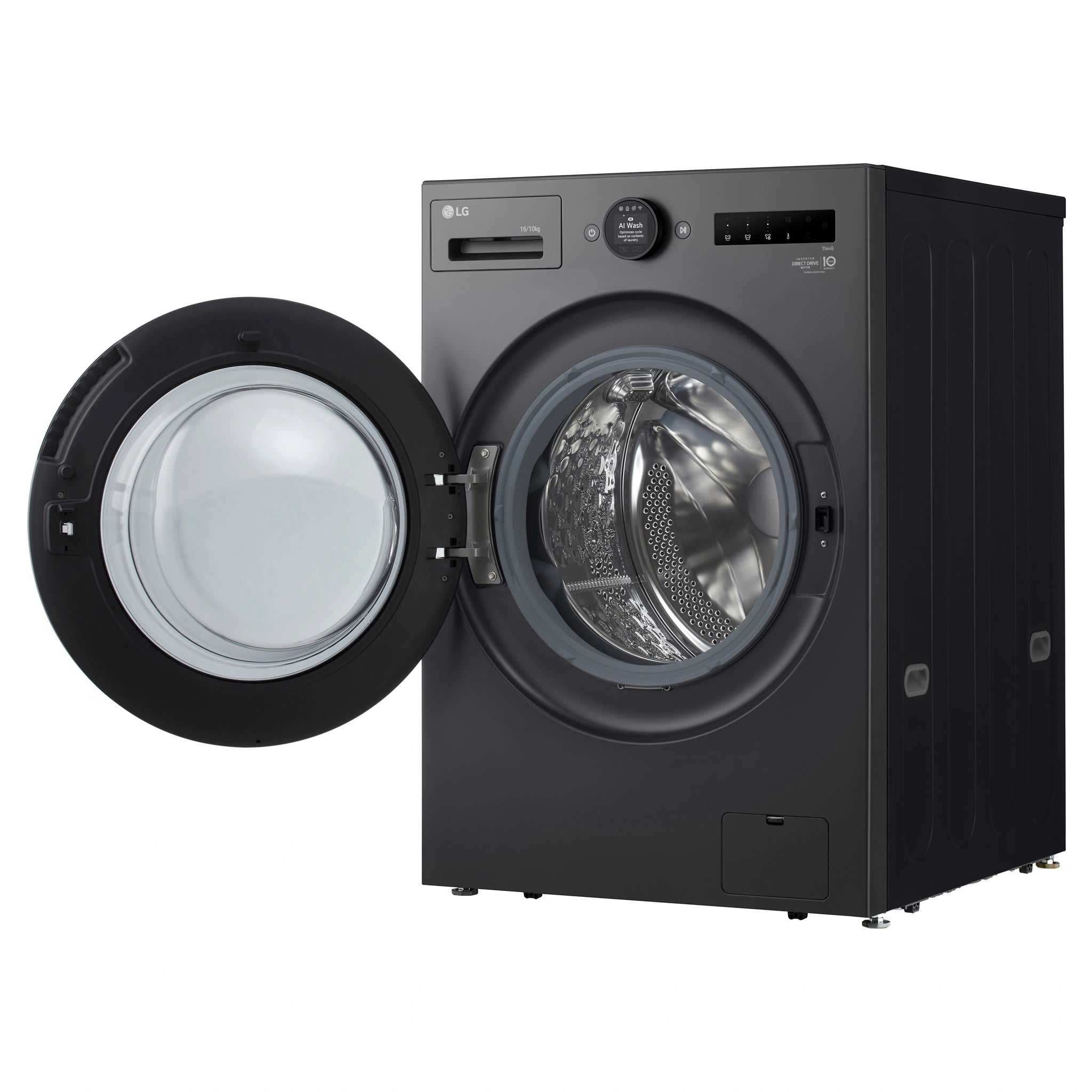 LG 16kg/10kg Graphite Front Load Washing Machine WXLC1016GX, Right Side View with Door Open
