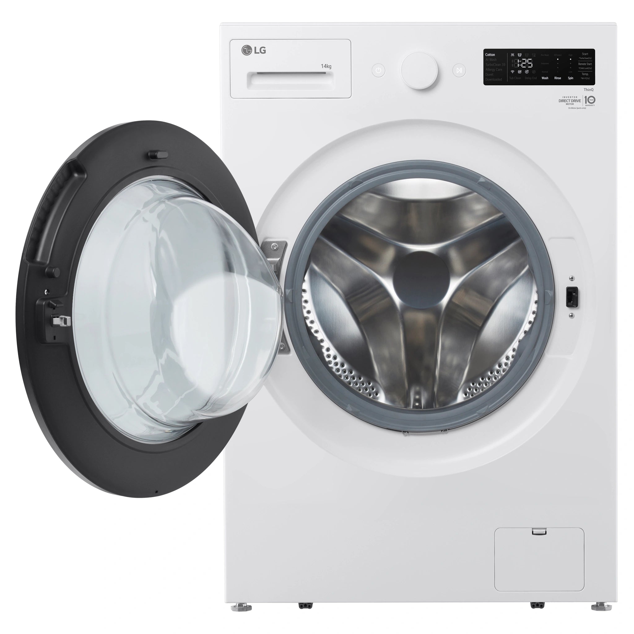 LG 14kg Matte White Extra Large AI Front Load Washer WXLS1014WX, Front View with Door Open