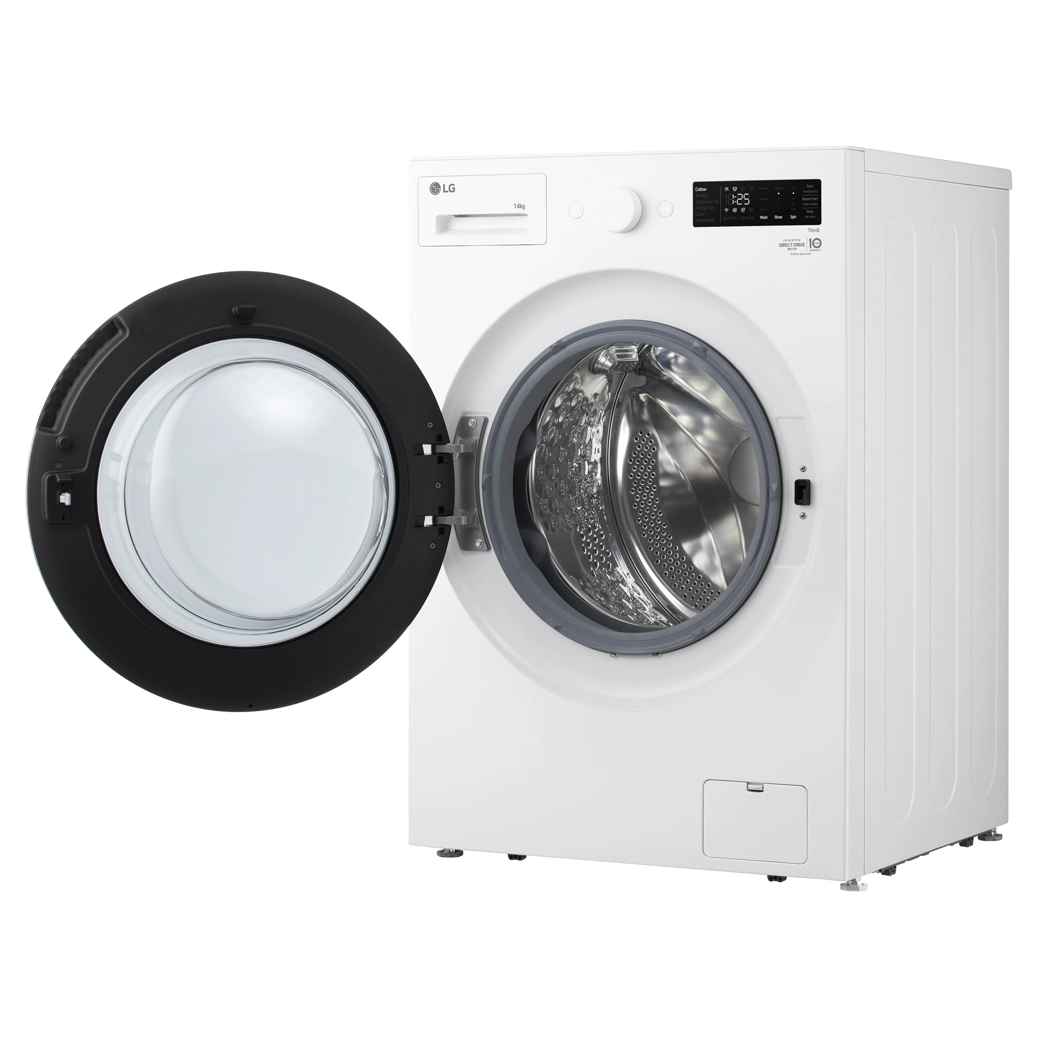 LG 14kg Matte White Extra Large AI Front Load Washer WXLS1014WX, Front View with Door Open