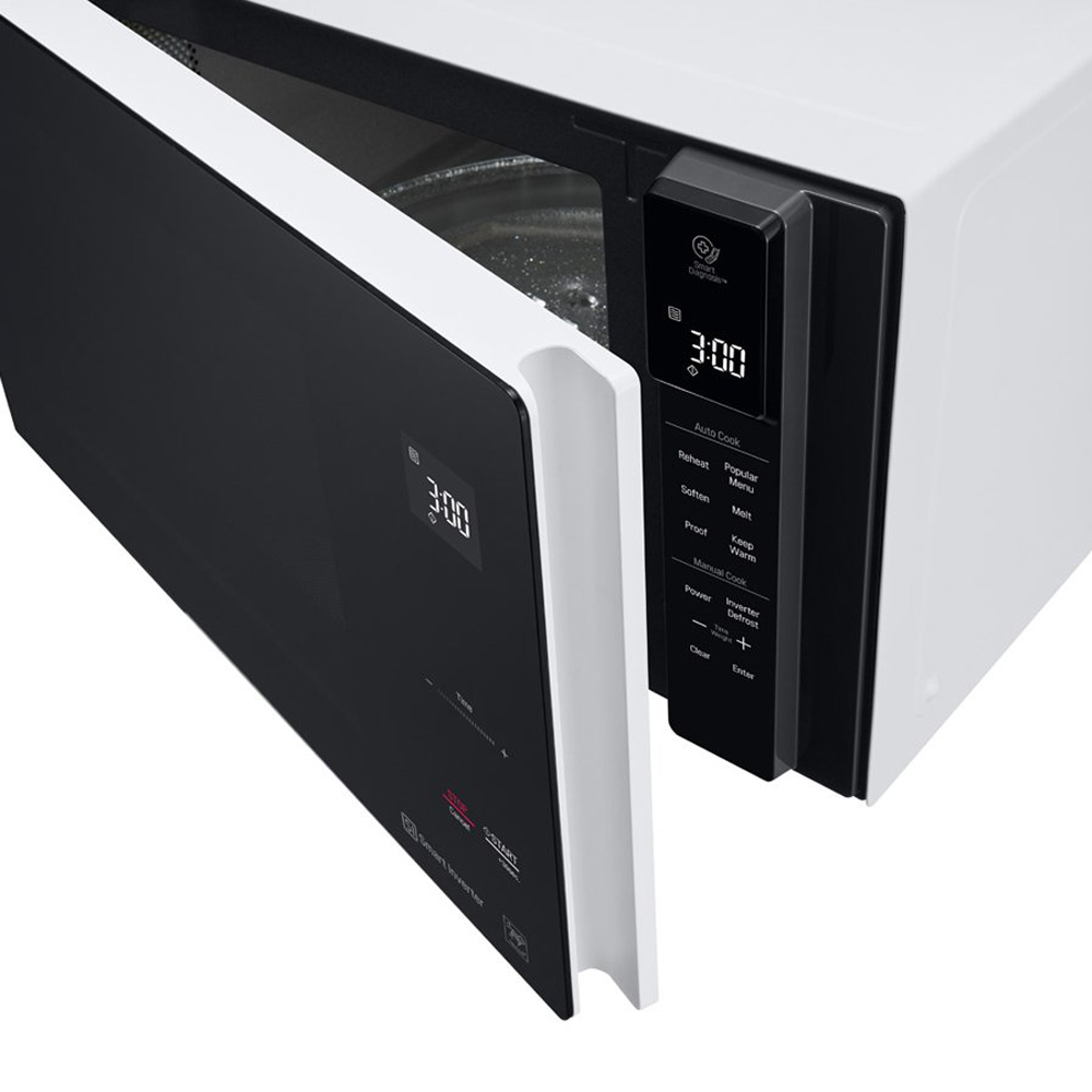LG 25L NeoChef Smart Inverter Microwave Oven MS2596OW, Front top left view with door open