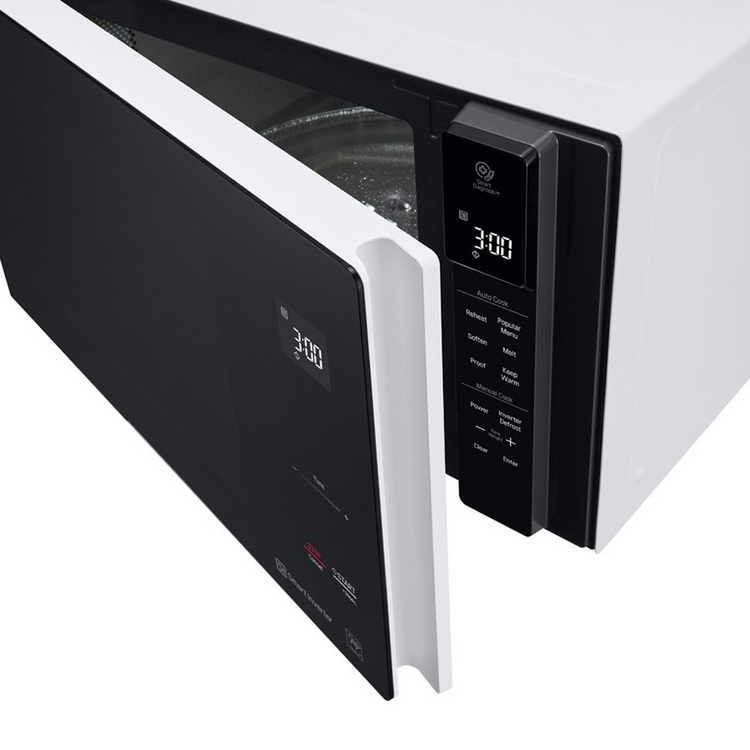 LG 25L NeoChef Smart Inverter Microwave Oven MS2596OW, Front top left view with door open
