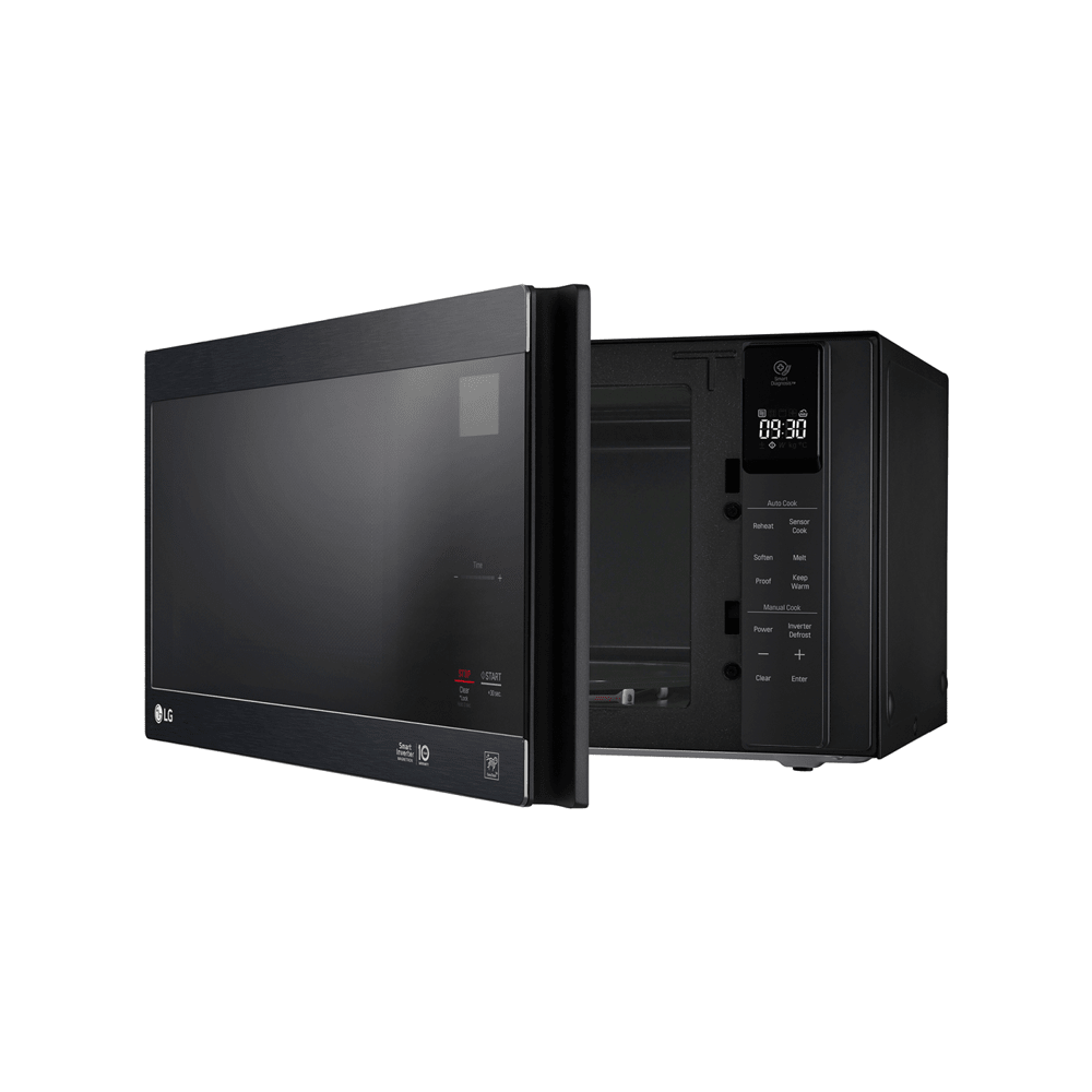 LG MS4296OMBS 42L NeoChef Microwave Oven Matte Black, Front left view with door open