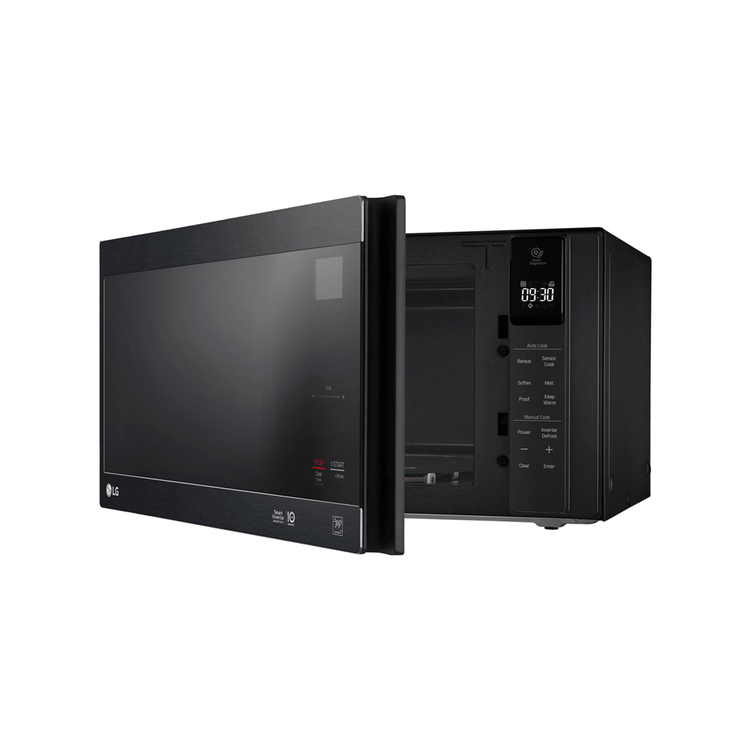 LG MS4296OMBS 42L NeoChef Microwave Oven Matte Black, Front left view with door open