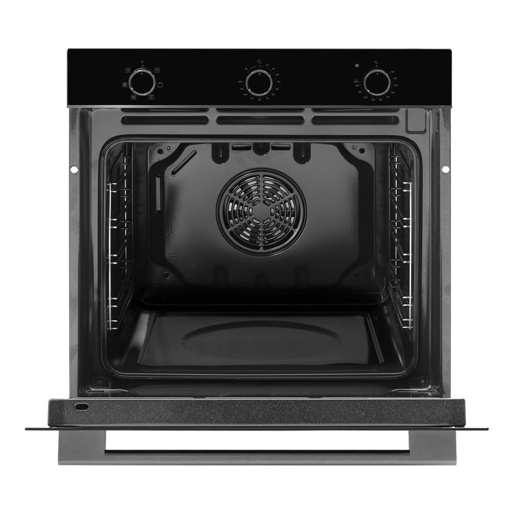  Omega Appliance 60cm 6 Function Oven Midnight OBO606M, Front View Door Open without Shelf