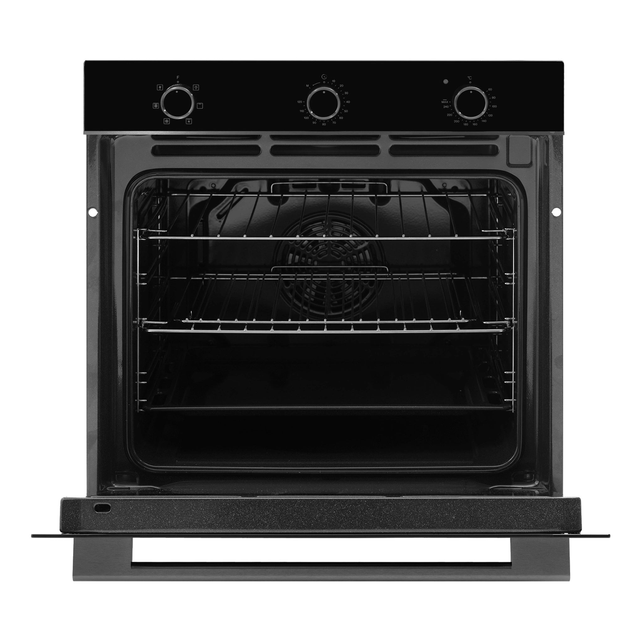  Omega Appliance 60cm 6 Function Oven Midnight OBO606M, Front View Door Open with Self