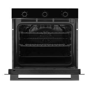  Omega Appliance 60cm 6 Function Oven Midnight OBO606M, Front View Door Open with Self