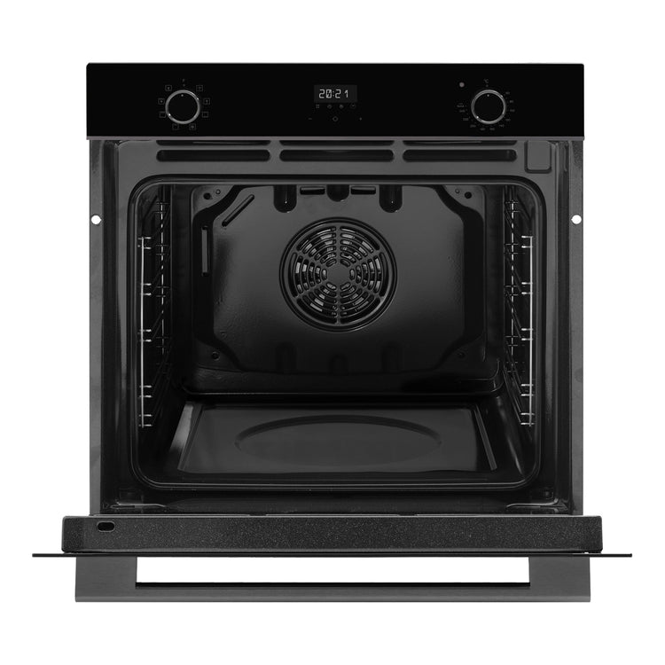  Omega Appliance 60cm 8 Function Oven Midnight OBO608M, Front View Door Open without Shelf