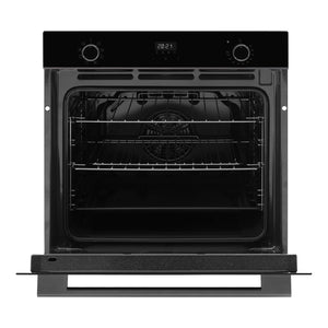  Omega Appliance 60cm 8 Function Oven Midnight OBO608M, Front View Door Open with Shelf