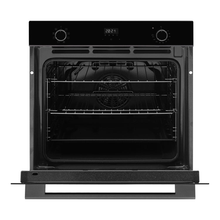  Omega Appliance 60cm 8 Function Oven Midnight OBO608M, Front View Door Open with Shelf