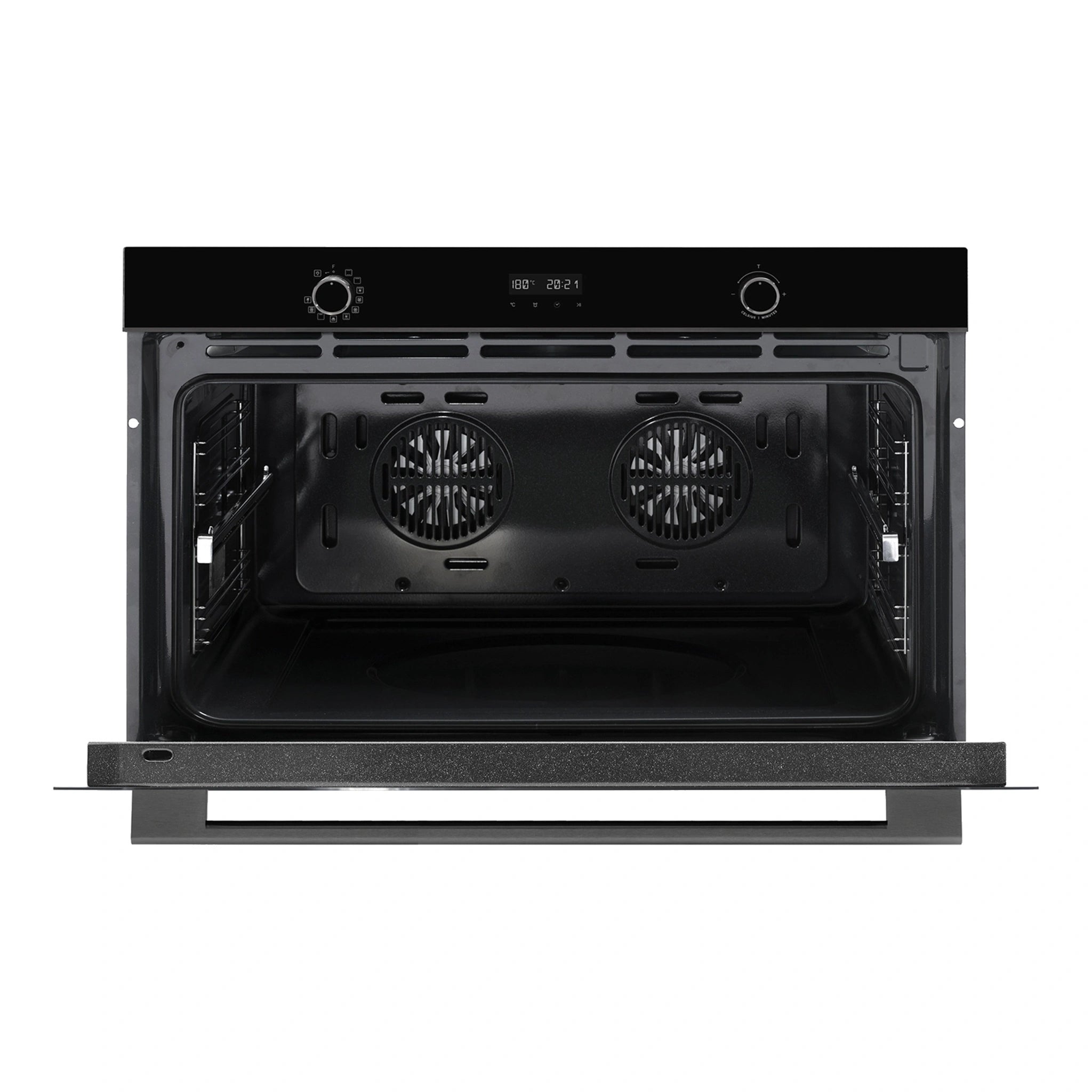  Omega Appliance 90×60cm 11 Function Oven with Air Fry OBO9011AM, Front View Door Open without Shelf