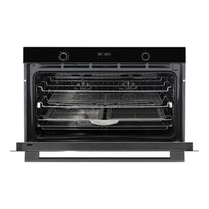  Omega Appliance 90×60cm 11 Function Oven with Air Fry OBO9011AM, Front View Door Open with Shelf