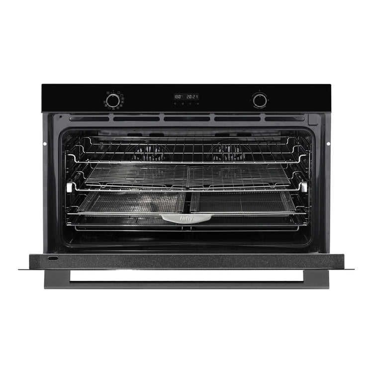  Omega Appliance 90×60cm 11 Function Oven with Air Fry OBO9011AM, Front View Door Open with Shelf