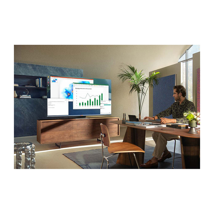 Samsung QA85QN800AWXXY 85 Inch QN800A Neo QLED 8K Smart TV, Front view on a cabinet