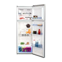 Beko RDNE350K30X Top Mount Fridge Stainless Steel, Front view with open doors, full of food items, and bottles