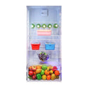 Beko RDNE350K30X Top Mount Fridge Stainless Steel, Bottom open, full of food items, and bottles
