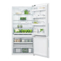 Fisher & Paykel 494L ActiveSmart Bottom Mount Fridge RF522BRPW6, Front view with door open  filled with groceries and drinks