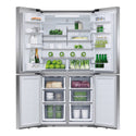 Fisher & Paykel 605L Quad Door Fridge RF605QDVX1, Front view with doors open, full of food items, and bottles