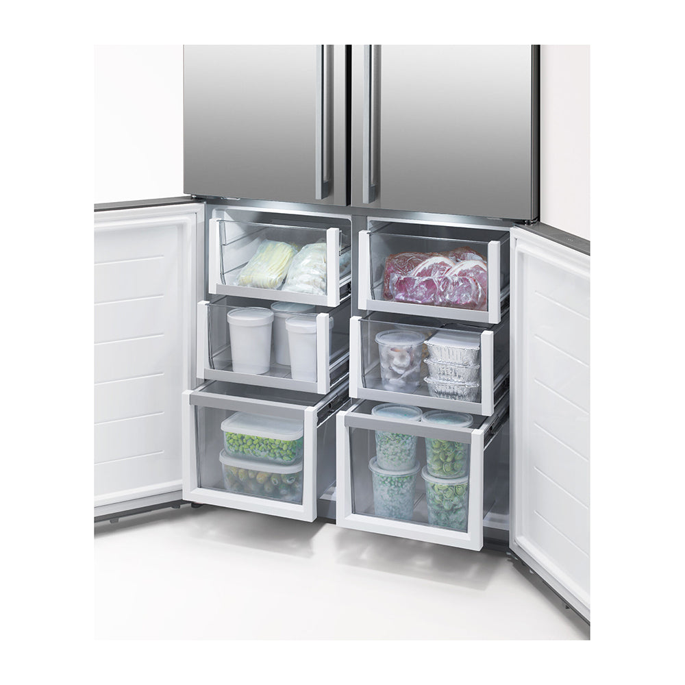 Fisher & Paykel 538L Quad Door Fridge Stainless Steel RF605QDVX2, Bottom open with food items