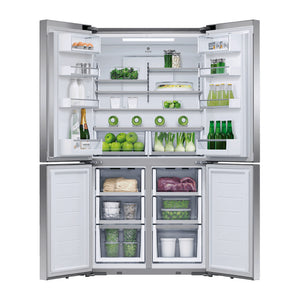 Fisher & Paykel 538L Quad Door Fridge Stainless Steel RF605QDVX2, Front view with doors open, full of food items, and bottles